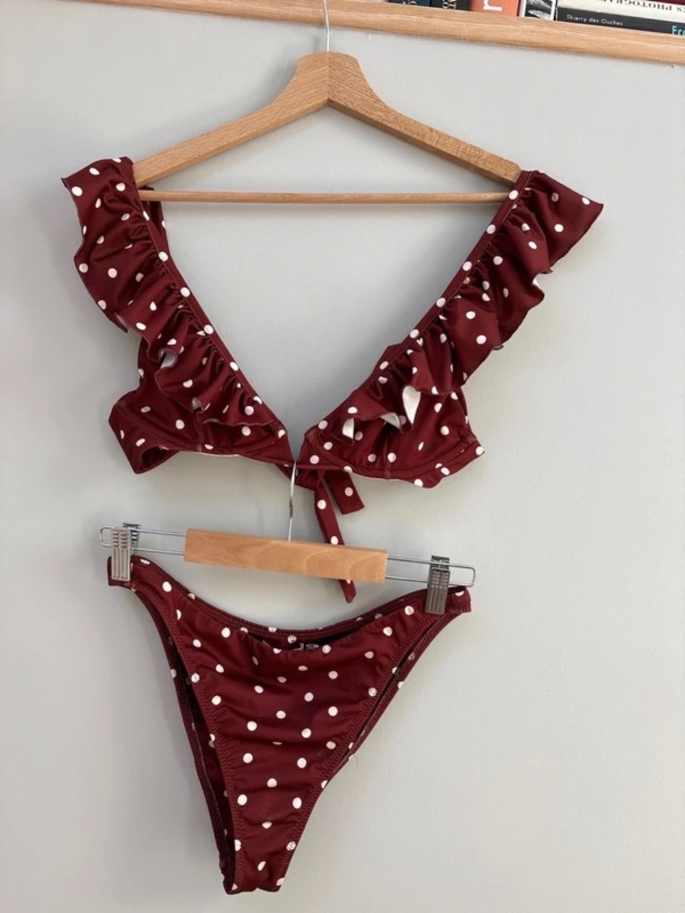 Polka Dot Ruffle Bikini Set - Burgundy